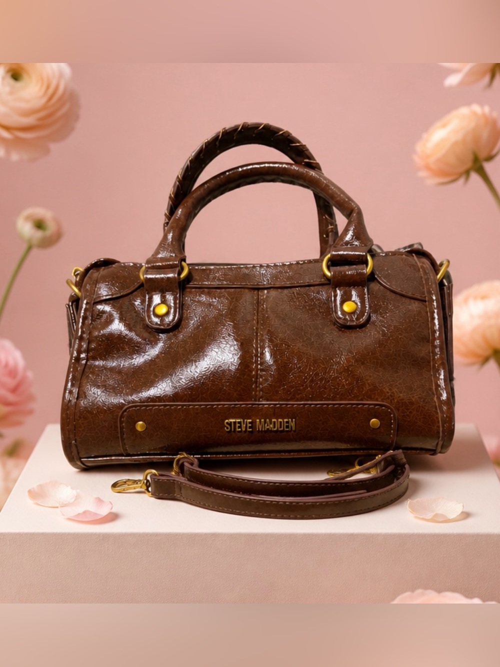 Steve Madden Brown Patent Satchel with Gold Hardware